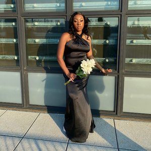 CLUB L LONDON UNSTOPPABLE BLACK SATIN CROSS OVER HALTERNECK MAXI DRESS